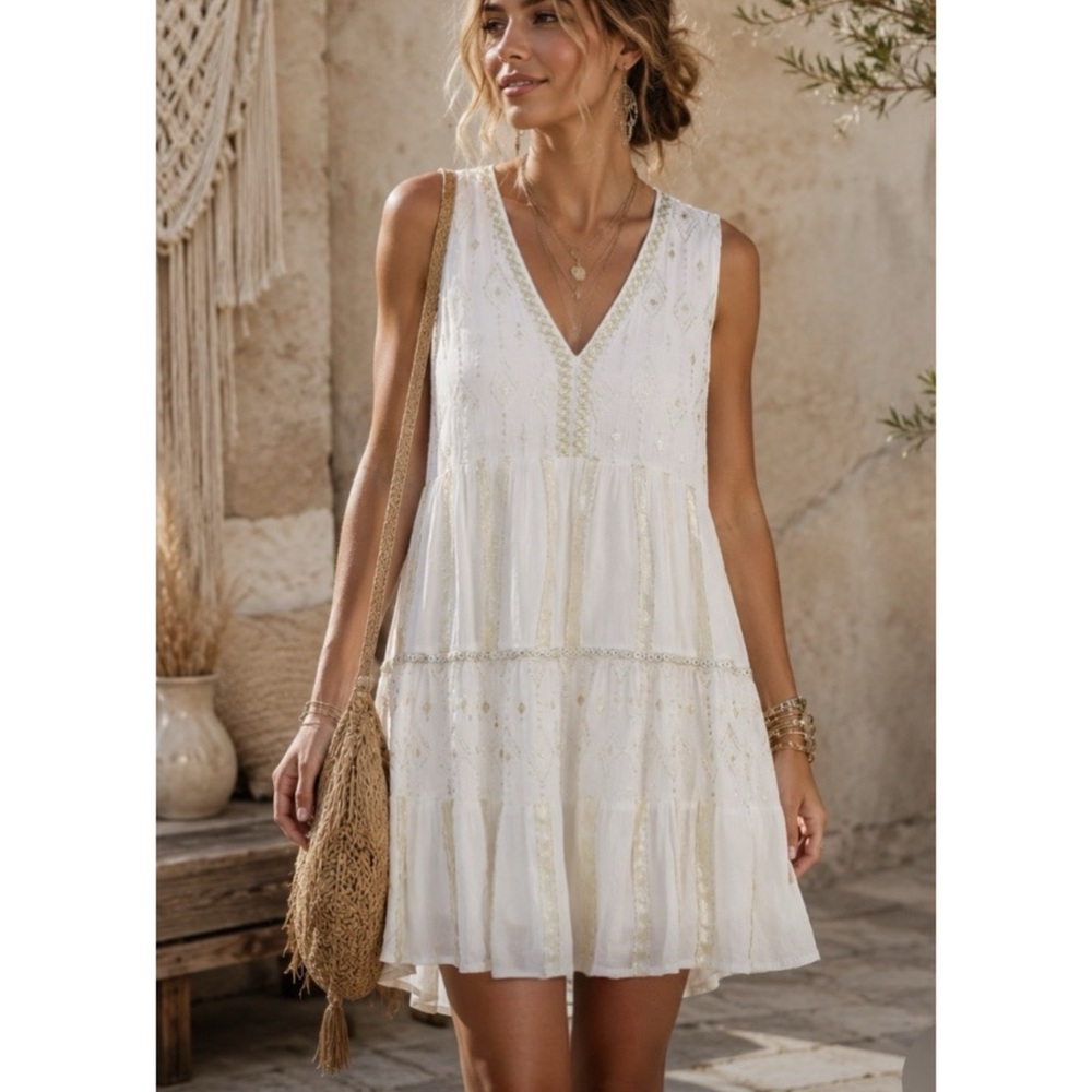 BOHERA Juleebee Flutter Sleeve V-Neck Dress Embellished White/Gold/Silver Medium
